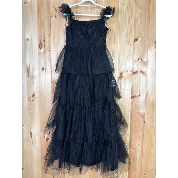 NWT Lulus Tulle For Love Black Mesh Tulle Tiered Ruffled Maxi Dress Wedding Sz L - Picture 2 of 7
